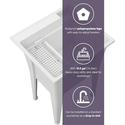 Freestanding Utility Sink with Stainless Steel Gooseneck Faucet - 24" Plastic Utility Sink for Garage, Laundry, Indoor and Oudoor Use - Laundry Tub Kit by Noah William Home - White (19.5 gal) - color: White - Gooseneck faucet