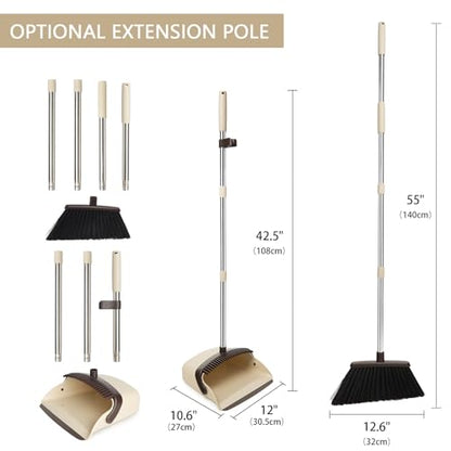 Broom and Dustpan Set, Dustpans with Broom Combo for Home, Heavy Dust Broom and Dustpan Combo, Long Handle Dust Pan and Broom Set for Kitchen, Office, Pet Hair,Beige, Pack of 1 - color: Beige