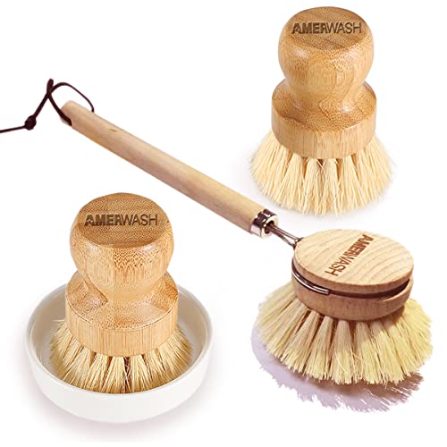 Wooden Dish Brush Set Clean Pots, Pans and Vegetable, Natural Bristles Bamboo Scrub Brushes with Ceramic Dish - 1 Long Handle Dish Brush + 2 Palm Scrubbing Brush - size: 4 Piece Brush Set with Holder