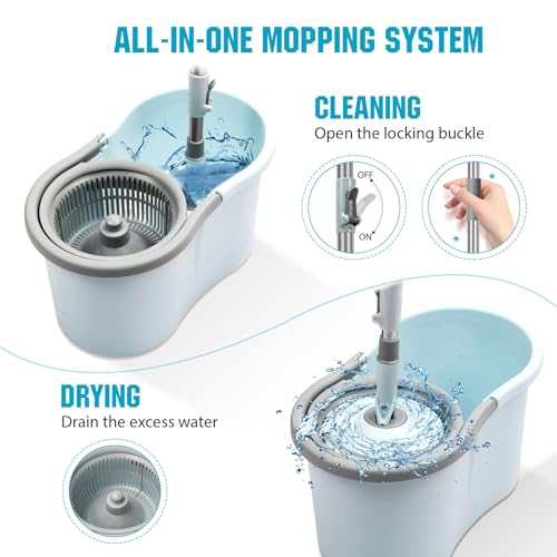 Spin Mop and Bucket with Wringer Set, 360° Spinning Mop Bucket System with 3 Microfiber Mop Replacement Heads and 50" Stainless Steel Adjustable Handle for Floor Cleaning - color: Blue-3