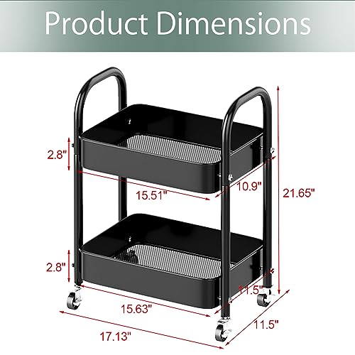 Melody House 2 Tier All-Metal Rolling Storage Cart with Handle and Locking Wheels - Kitchen, Laundry, Office, Bathroom Organizer, Black - size: 2 Tier Black