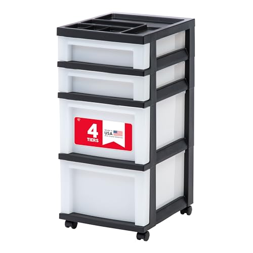IRIS USA Plastic Drawer Storage Organizer Rolling Cart, with Wheels Casters, 4-Drawers, for Classroom Art Craft Supplies Dresser Closet Bathroom Laundry Room, Black/Pearl - color: Black, size: 4 Drawer with Wheels