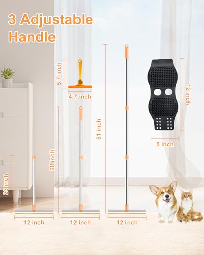 3 in 1 Carpet Rake for Pet Hair Removal Tool, 51” Adjustable Long Handle Pet Hair Removal Broom, Pet Grooming Brush, Cat Dog Hair Remover Carpet Scraper for Rugs, Mats - color: Orange-Silver