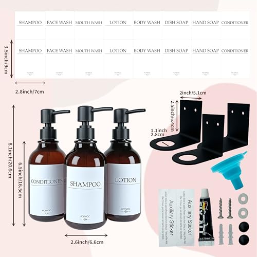 Shampoo Dispenser for Shower Wall, Shampoo and Conditioner Dispenser with 16 Waterproof Labels, No Drill Shower Soap Dispenser Bathroom, Shower Soap Dispenser Wall Mounted,17oz, 3 Pack, Amber - color: 1-amber Bottle + Black Pump