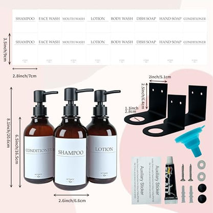 Shampoo Dispenser for Shower Wall, Shampoo and Conditioner Dispenser with 16 Waterproof Labels, No Drill Shower Soap Dispenser Bathroom, Shower Soap Dispenser Wall Mounted,17oz, 3 Pack, Amber - color: 1-amber Bottle + Black Pump