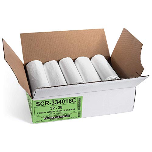 Aluf Plastics Trash Bags - (Commercial 250 Pack) - Source Reduction Series Value High Density 16 Micron Gauge (equiv) - Intended for Home, Office, Bathroom, Paper, Styrofoam - color: Clear, style: 33 Gal, 16 Micron Equiv, 250 Count