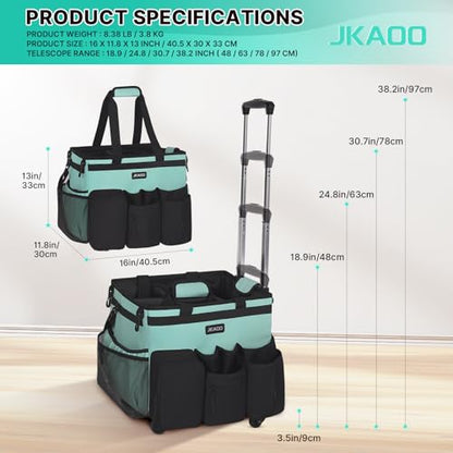 JKAOO Large Rolling Cleaning Caddy Bag with Detachable Trolley, Blue-Green | Waterproof Cleaning Caddy with Wheels, 40L Wheeled Organizer Cart for Supplies, Housekeepers, Home, Office, Car, Picnic - color: Blue Green