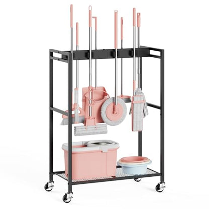 Broom and Mop Holder, MUNNAR Broom Closet Storage Cabinet, Cleaning Cart with Broom and Mop Hanger, Janitorial Cart with Wheels for Household, Laundry Room Organization - size: 24.8" x 13" x 34.2"