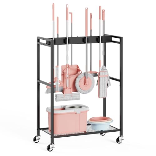 Broom and Mop Holder, MUNNAR Broom Closet Storage Cabinet, Cleaning Cart with Broom and Mop Hanger, Janitorial Cart with Wheels for Household, Laundry Room Organization - size: 24.8" x 13" x 34.2"