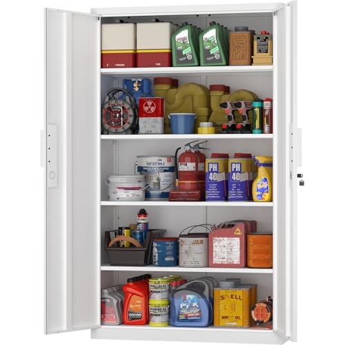 GREATMEET Metal Garage Storage Cabinets, 72" Tall Locking Cabinets with Doors and Shelves, Utility Cabinet with Lock for Garage, Home, White - color: White, size: 72"H x 34"W x 18"D