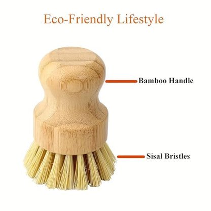 2 Pcs Bamboo Dish Brush, Palm Round Mini Pot Brush Natural Scrub Brush Durable Scrubber Cleaning Kit with Union Fiber for Cleaning Pots and Pans