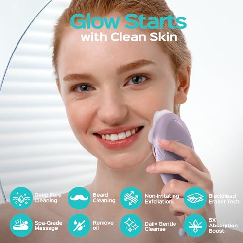 COSLUS FBS01 Facial Cleansing Brush Face Scrubber, Compact for Travel | Rechargeable, Gentle Silicone, 5 Cleansing Modes, Deep Cleaning for Men & Women, Removing Blackhead Exfoliating, Light Purple - color: Light Purple