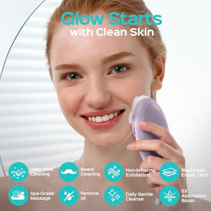 COSLUS FBS01 Facial Cleansing Brush Face Scrubber, Compact for Travel | Rechargeable, Gentle Silicone, 5 Cleansing Modes, Deep Cleaning for Men & Women, Removing Blackhead Exfoliating, Light Purple - color: Light Purple