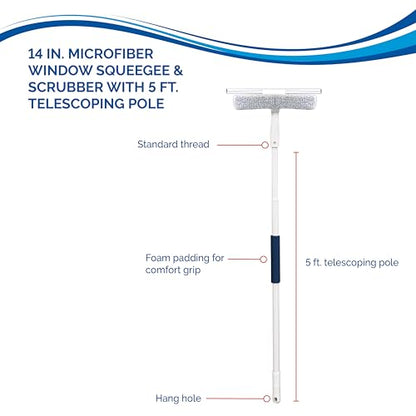 Unger 12” Outdoor Window Scrubber and Squeegee Kit with 5’ Telescopic Pole for High Access, Cleaning Supplies for Mirrors and Glass Surfaces, Machine Washable Sleeve