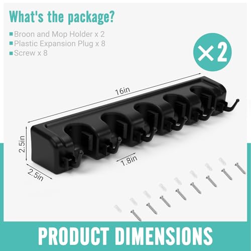 InPoTo Broom and Mop Holder, Wall Mounted Organizer Storage Tool Rack with 5 Ball Slots and 6 Hooks (2 Pack) - size: 2Pack