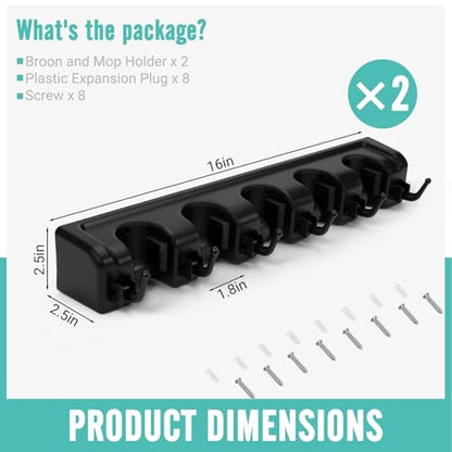 InPoTo Broom and Mop Holder, Wall Mounted Organizer Storage Tool Rack with 5 Ball Slots and 6 Hooks (2 Pack) - size: 2Pack