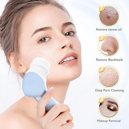 COSLUS Facial Cleansing Brush Silicone Face Scrubber: 2 in1 FBS-D Electric Exfoliating Massage Device Waterproof Deep Cleaning Exfoliation Rotating Spa Machine - Electronic Skin Care Wash Clean System - color: Blue, size: With 2 brush heads