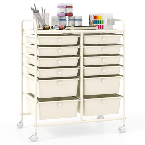 Giantex 12 Drawers Rolling Storage Cart, Classroom Organizers with Wheels for Tools Scrapbook Craft Paper Teacher Office School Supplies (Ivory) - color: Ivory, size: 12 Drawer-25"x15"x29.5"