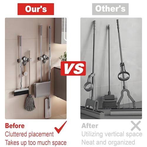 4 Pack Broom Holder Mop Hanger Wall Mount, No Drill Suction Cup Mop and Broom Organizer with Hooks, Space Saving Adjustable Rack Removable Mop Clip for Bathroom, Kitchen, Garage, Laundry Room