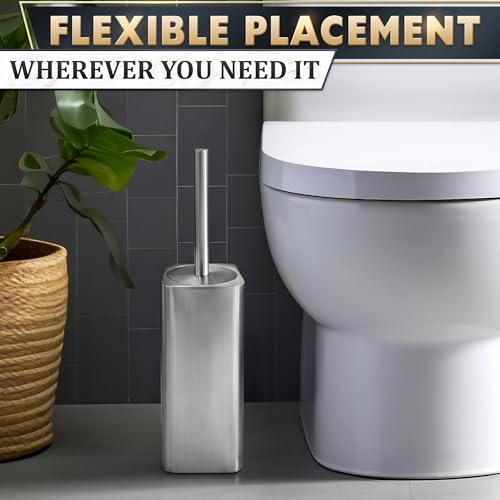Silver Toilet Brush and Holder Set - Upgrade Your Bathroom in Seconds - Stainless Steel Toilet Bowl Brush and Holder with 2 Rounded Corners, Replaceable Head, Removable Inner Bowl & Splash Guard Cover - color: Silver Squircle