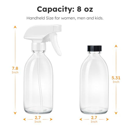 Tecohouse Glass Spray Bottle 8 oz, Clear Small Empty Refillable Sprayer Container with Labels, Funnel, Lids, Graduated Pipettes - Handheld Size - color: Clear White Lids