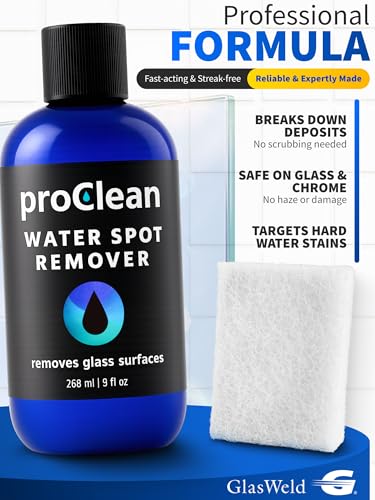 GlasWeld ProClean Hard Water Stain Remover for Glass & Metal – Non-Acid Water Spot Remover with Applicator Pad for Glass, Car Windshield, Shower, Mirror & Boat Windows - Bathroom Cleaning Supplies