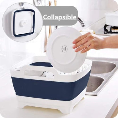 FOSJGO Collapsible Dish Basin with Drain Plug, 2.4 Gal (9L) Space-Saving Foldable Sink, Wash Basin for Kitchen, Baby Bottles, Vegetable Washing, Camping, RV and Party Beverage Tubs (Navy blue) - color: Navy blue