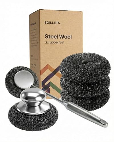 5 Pcs Steel Wool Scrubbers - Premium 304 Stainless Steel Metal Sponges for Cast Iron Skillets, Grill & Kitchen Pots - Rust Resistant, Non-Splintering Heavy Duty Scouring Pads for Tough Grease - color: 6 Pcs - 2
