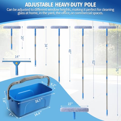 Creatyi 11PCS Window Cleaning Kit Washing Tool, Bucket 3 Gallon, 76 inch Long Handle Window Squeegee and Microfiber Scrubber,Equipped with Replaceable Squeegee and Scrubber for Home Business Use