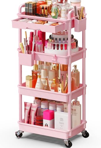 SUNALLY Makeup Cart Organizer with Drawers, 4 Tier Floor Skincare Organizers for Vanity, Rolling Makeup Bathroom Storage Cart Cosmetics Display Cases for Skin Care Perfume Nail Polish, Pink - color: Pink, size: 4 Tier