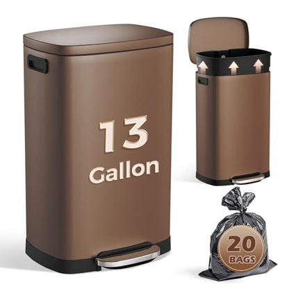 ELPHECO LPHECO Kitchen Trash Can with Lid Soft Close, 13 Gallon / 50L Stainless Steel Pedal Garbage Can, Heavy-Duty Step Wastebasket with 20 Bags, Removable Bucket, Home Office, Kitchen, Brown - color: Brown