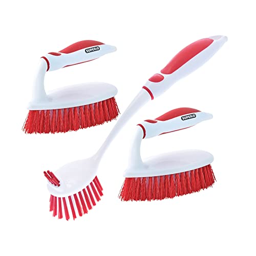 Deep Cleaning Brush Scrubber Set of 3-2 Double Sided Dish and Vegetable Brush and 1 All-Purpose Scrub Brush – Heavy Duty, Non-Scratch, Multipurpose Utility Scrubber for Home, Kitchen, Bathroom – Red