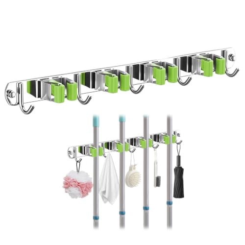 Upgrade Broom Holder Wall Mount, 304 Stainless Steel Mop & Broom Storage Organizer with Hooks, Self-Adhesive or Screw Install for Bathroom Garage Kitchen (green, 4 Racks and 5 Hooks) - color: green, size: 4 Racks and 5 Hooks