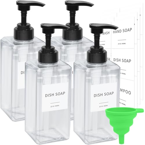 Clear Soap Dispenser with Waterproof Labels, Thickened Plastic Hand Soap Dispenser for Bathroom, Kitchen Dish Washing Liquid Bottles, Shampoo and Conditioner Bottles with Funnel (22oz 4Pack Clear) - color: 22oz 4pack Clear