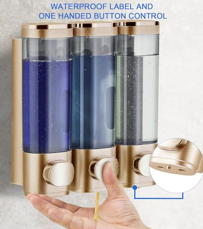 Shower Soap Dispenser Wall Mounted Shampoo and Conditioner Dispenser No Drill 3 Chamber Large Capacity for Bathroom Hotel, Gold - color: Gold