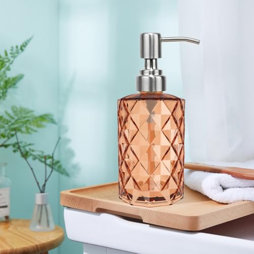 12Oz Amber Glass Soap Dispenser with Stainless Steel Pump, Refillable Kitchen Liquid Hand Soap Dispenser with Diamond Design, for Dispense Hand soap, Dish Soap, Lotion, Bathroom, Countertop, Hotel - color: Amber Diamond