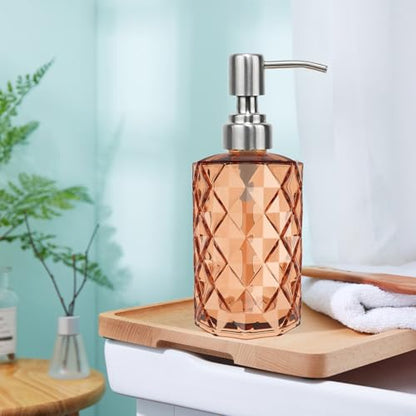 12Oz Amber Glass Soap Dispenser with Stainless Steel Pump, Refillable Kitchen Liquid Hand Soap Dispenser with Diamond Design, for Dispense Hand soap, Dish Soap, Lotion, Bathroom, Countertop, Hotel - color: Amber Diamond