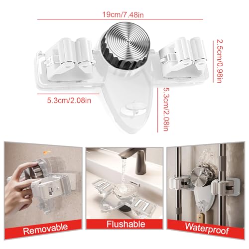 4 Pack Broom Holder Mop Hanger Wall Mount, No Drill Suction Cup Mop and Broom Organizer with Hooks, Space Saving Adjustable Rack Removable Mop Clip for Bathroom, Kitchen, Garage, Laundry Room