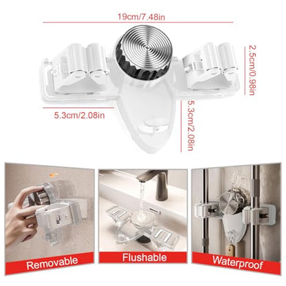 4 Pack Broom Holder Mop Hanger Wall Mount, No Drill Suction Cup Mop and Broom Organizer with Hooks, Space Saving Adjustable Rack Removable Mop Clip for Bathroom, Kitchen, Garage, Laundry Room