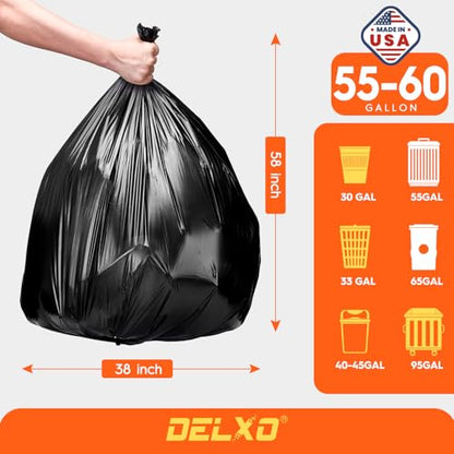 Delxo 55-60 Gallon Trash Bags, 100 Count – 0.9 Mil Medium Duty Garbage Bags, Durable & Puncture-Resistant Plastic Bolsas para basura, Perforated Design– Made in USA for Kitchen, Yard, Office (Black) - color: 60Gal-100Ct(Black)