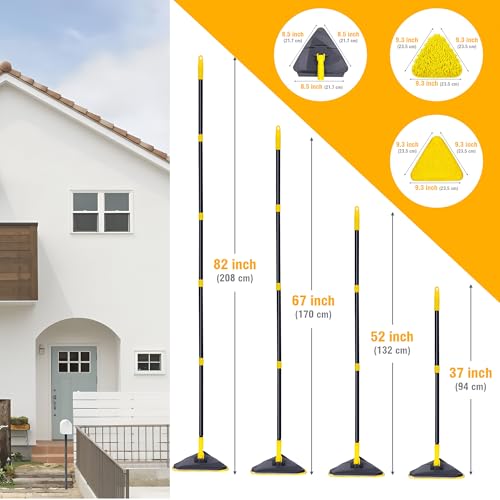 Newly Upgraded Wall Mop with 82 Inches Long Handle, 180° Folding Wall Cleaner Triangle Mop with Squeegee, 3-in-1 Ceiling Cleaning Tool with 6 Replacement Pads for Wall, Baseboards, Ceiling, Floor - color: Yellow