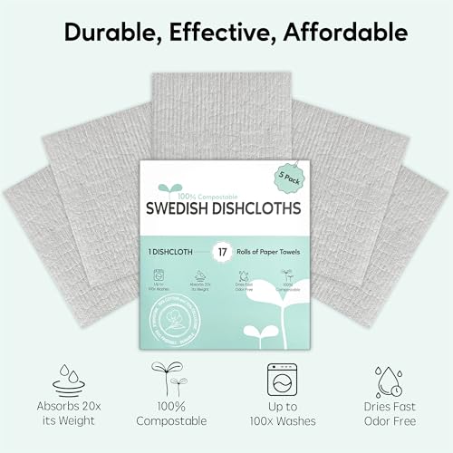 Swedish Dishcloths for Kitchen, 5 Pack Swedish Dish Cloths, Ultra Absorbent Reusable Paper Towels, Cellulose Sponge Cloths, Quick Drying, No Odor, Dishwasher Safe Grey - color: Grey