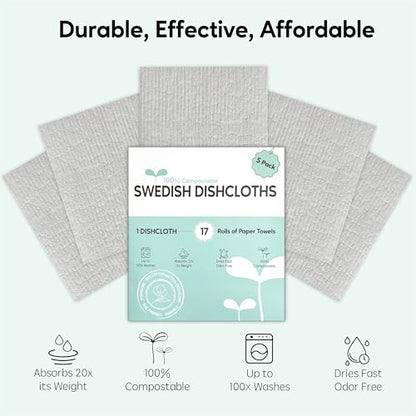 Swedish Dishcloths for Kitchen, 5 Pack Swedish Dish Cloths, Ultra Absorbent Reusable Paper Towels, Cellulose Sponge Cloths, Quick Drying, No Odor, Dishwasher Safe Grey - color: Grey