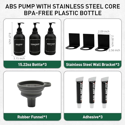 Matte Black Shampoo and Conditioner Dispenser 3 Chamber Set– No Drill Wall Mounted, Shower Soap Pump Bottles, Refillable Bathroom Body Wash Dispensers with Waterproof Labels