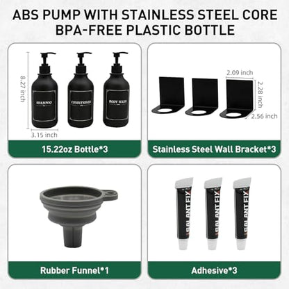Matte Black Shampoo and Conditioner Dispenser 3 Chamber Set– No Drill Wall Mounted, Shower Soap Pump Bottles, Refillable Bathroom Body Wash Dispensers with Waterproof Labels