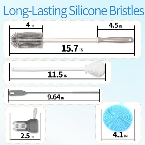 15.7" Silicone Bottle Brush Set - 6 Pack Water Bottle and Straw Cleaner Brush Long Handle for Hydro Flasks, Sports Bottles & Reusable Straw, Narrow Neck Containers, Tumblers, Glassware - size: 6 Pack