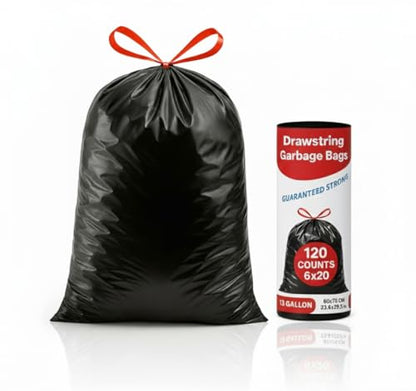 13 Gallon Drawstring Trash Bags (120 Count) – Black Garbage Bags, Leak & Tear Resistant, Tall Kitchen Trash Bags for Home, Office & Commercial Use, Odor Control – San Zooni