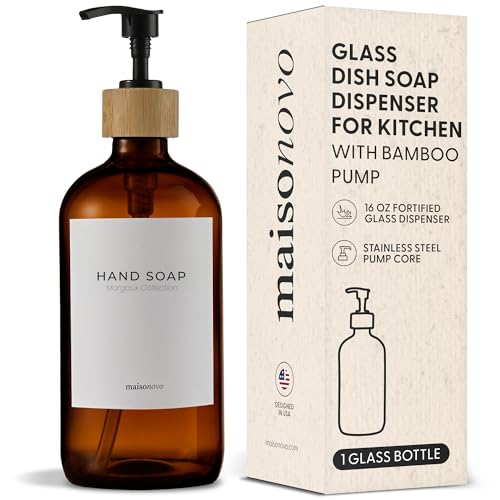 MaisoNovo Glass Hand Soap Dispenser | Dish Soap Dispenser for Kitchen | 16.9oz Amber Bottles with Black Bamboo Pump | Bathroom Lotion Dispenser - color: Single Amber Bottle/Black Bamboo Pump