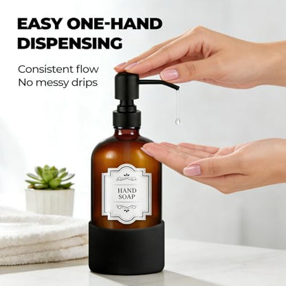 16 oz Hand and Dish Soap Dispenser Set for Kitchen and Bathroom, 500ml Amber Glass Soap Dispenser with Stainless Steel Pump, Non-Slip Silicone Sleeves, Labels - 2 Pack - color: Amber