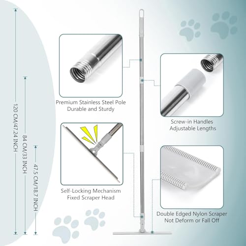 Carpet Rake for Pet Hair Removal, FireBee 47" Adjustable Long Handle Pet Hair Remover, Self-Locking Fixed Nylon Head, Easy Storage, Large Fur Scraper Tool for Rugs, Couch, Stair & Pet Beds